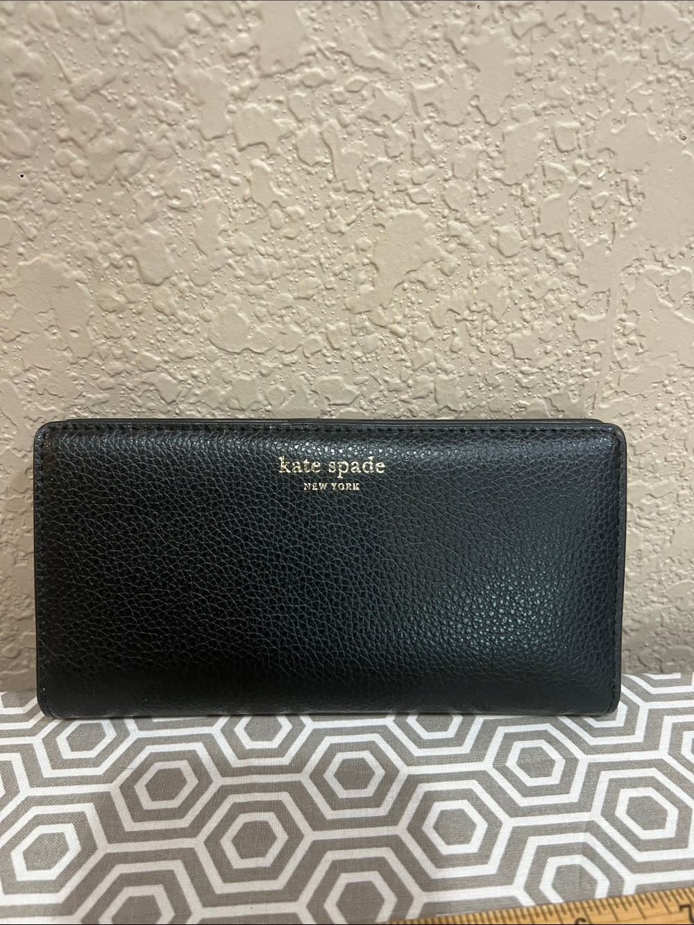 kate spade Black Pebbled Leather Wallet with Gold Logo large slim bifold wallet